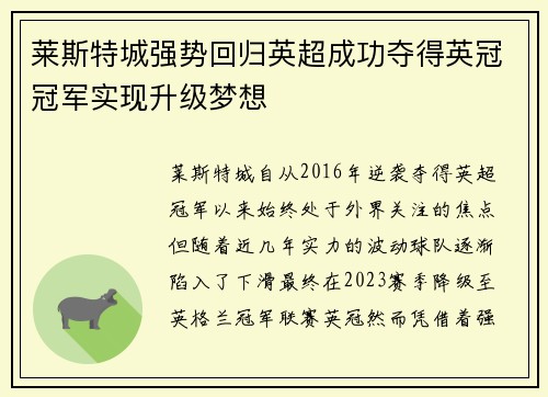 莱斯特城强势回归英超成功夺得英冠冠军实现升级梦想 莱斯特城强势回归英超成功夺得英冠冠军实现升级梦想